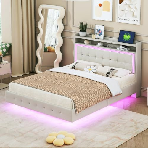 HAUSPROFI Schwebebett | Polsterbett mit LED-Beleuchtung, USB & Type-C Ladestation, Stauraum-Kopfteil und Lattenrost | Modernes Doppelbett in Leinenoptik (Weiß-b, 140 x 200 cm)
