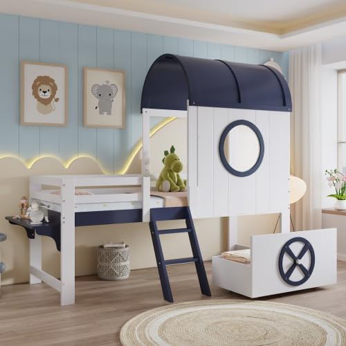 gonew21 Abenteuer-Schiff Etagenbett 90x200 cm – Halbhohes Kinderbett mit Dach & Fenster, Große Roll-Schublade, Leiter & Ablage, Kiefernholz Weiß/Dunkelblau