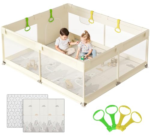 Cafolatt Laufstall Baby mit Matratze 150x180cm, Großer Baby Laufgitter | Sicherer stabiler XXL Kinderlaufstall, 360° atmungsaktives Netzseiten, rutschfeste Saugnäpfe-Basis, einfache Montage