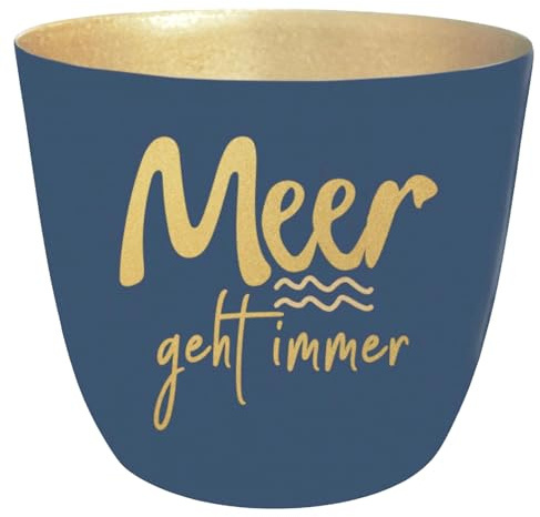 Maritimes Windlicht Baltic – Metall, Motiv – Meer geht Immer, dklblau, Gold | 10 x 10 x 8,5 cm – für Teelichter & Stumpenkerzen – Haus, Garten, Balkon, Terrasse – Licht- & Schattenspiele – Seaside No.64