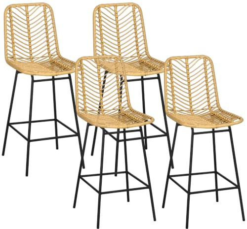HOMCOM Rattan-Barhocker 4er-Set, 26 Thekenhöhe, Gelb | Boho-Kücheninsel-Hocker, atmungsaktiver Korbgeflecht-Sitz und Rückenlehne.