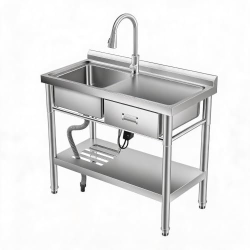 Edelstahl Spültisch Freistehend, Arbeitstisch, Schublade, Auszieh-Armatur | Waschtrog, Warm- & Kaltwasser, Küche, Garage, Werkstatt, Keller, Gastro, Robust, Spülbecken, Multifunktional, Stabil