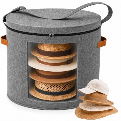 Hat Storage Box with Lid, 48x42cm Extra Large Round Felt Case with Handles