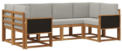 vidaXL Outdoor-Sofagarnitur mit Kissen 6 pcs Natürlich und Hellgrau, Akazienholz, modernes Gartensofa, Outdoor-Sitzgruppe, Gartenmöbel für die Veranda, wetterfest