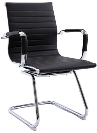 EVRE Office Chrome Cantilever Desk Chair, for Meeting Boardroom & Visitor Reception with Stainless Steel Frame & Ribbed PU Padded Faux Leather Curved Seat (Black)