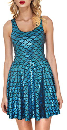 Fishscale Kleid, Damen Rock Plissee Print Mermaid Scales Rock Mädchen Rock, Hellblau 2XL