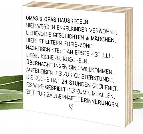 Wunderpixel® Holzbild Oma & Opa - liebe Hausregeln - 15x15x2cm zum Hinstellen/Aufhängen, echter Fotodruck mit Spruch auf Holz - schwarz-weißes Wand-Bild Aufsteller Zuhause Dekoration Geschenk