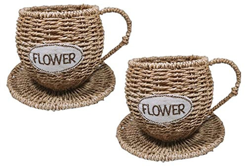 Woven Flower Basket Teacup Planters with Saucer Natural Water Plants Flower Container Handmade Plant Pot Kitchen Living Room Garden Restaurant Décor (2PCS)