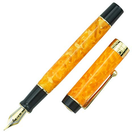 Jinhao 100 Series Füllfederhalter, Mittlere Spitze Gelb Marmor Farbe Harz Schaft Golden Trim mit Metall Stiftetui