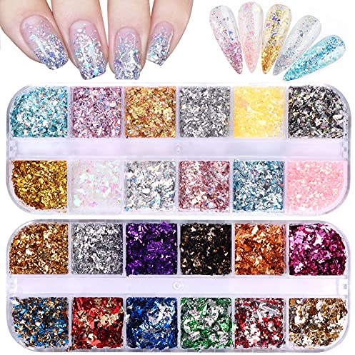 EBANKU 24 Grid Holographic Nail Art Flakes, Foil Glitter Sequins Confetti Gold Silver Irregular Mirror Effect Acrylic Powders Paillette for Nail Decoration