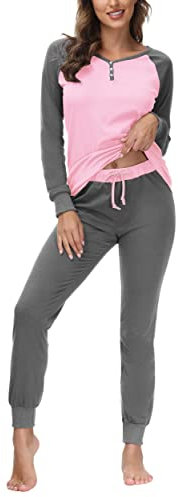 DOTIN Damen Schlafanzug Baumwolle Lange Pyjama Set V-Ausschnitt Nachtwäsche Hausanzug Zweiteiliger Sleepwear Loungewear, Grau+Pink, M