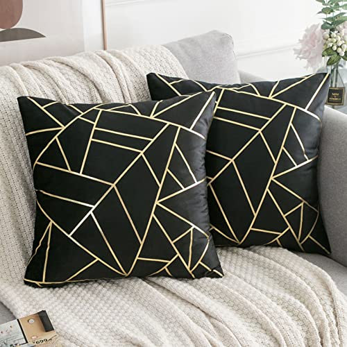 ETOLISHOP Schwarzer Kissenbezug 16x16 Samt Modern Gold Kissen 2 Pack Soft Dekorativer Wurf Kissenbezug 40cm x 40cm für Sofa Couch Schlafzimmer