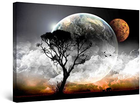 Startonight Bilder - Der Mond und ein Baum - Leinwandbilder Moderne Kunst, Wanddeko Kunstdrucke, Wandbilder XXL Wohnzimmer Groß Wand Bild 80 x 120 cm, Tag Nacht Effekt, Elegante Geschenkidee Deko