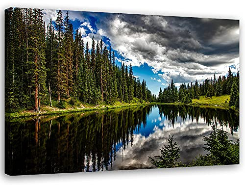 Feeby Bild auf Vlies Leinwand Waldsee Himmel 100x70 cm Kunstdruck Modern Wandbilder Deko Flur Wohnzimmer Natur Wolken Bäume Blau