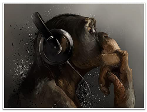 wandmotiv24 Poster als Wanddeko, Größe 40x30cm, AFFE mit Kopfhörer, Headset, Musik, Tiere, Affen, Moderne Wanddeko, Wandbilder, Deko, Bild M0056