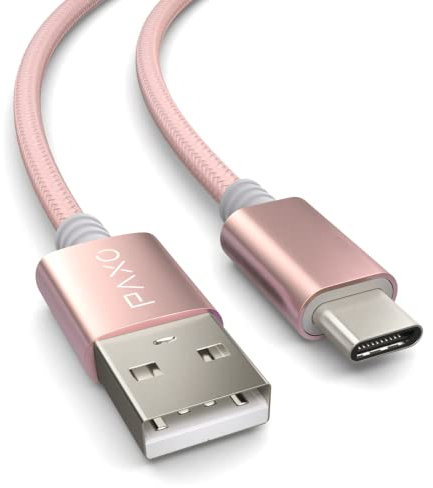 PAXO 2m Nylon USB C Kabel, USB 3.1 (USB 3.0), rosa/champagner, USB A auf Typ C Ladekabel, Datenkabel