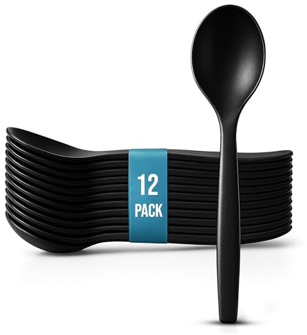 10 Black Plastic Serving Spoons for Buffet, Bulk 12 Count, Heavy Duty Disposable Spoon, Large Plastic Serving Utensils for Catering Supplies, Events, Party, Weddings & More - C&S Event Supply Co.