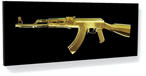 AK-47 Gold Leinwand Kunst – Gewehr Pistole Militär Waffe Waffe Armee Home Decor Druck Poster Malerei Klein 50,8 x 20,3 cm | Sense Leinwand