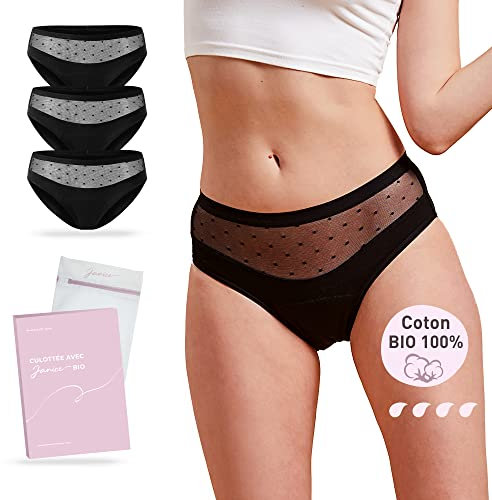 JANICE Lot 3 Culottes Menstruelles Coton Bio - Absorbant Femme Flux Abondant - sous-Vêtement Règles Adolescent Incontinence Périodique Réutilisable (3 Culottes Inna, S)