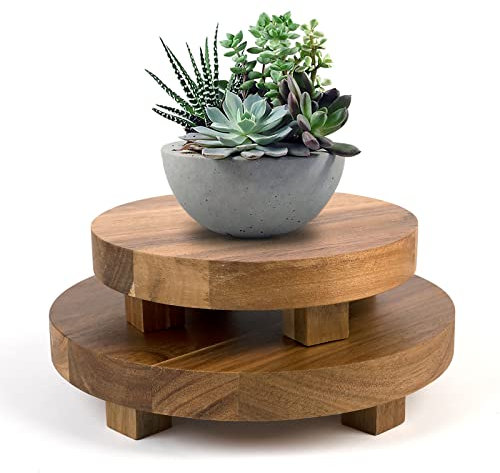 Mavurve Wood Pedestal Stand 2Pcs 7-9 Inch Round, Natural Acacia Wood Risers for Decor, Farmhouse, Kitchen/Bathroom Counter, Plant Stand