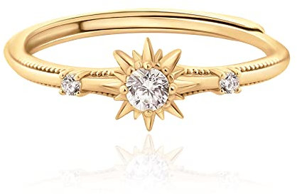 Meissa Bague soleil avec pierre en argent 925 empilable bague solitaire plaqué or bague de fiançailles femme Taille reglable de 44-61.5 (Or)