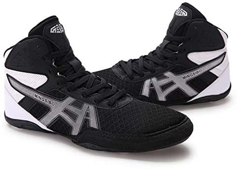 TECDOTO Herren Boxschuhe Sparring Boxer Trainer Schuhe, Kniebeugenschuhe mit Knöchelschutz Ringerschuhe Squat Buffer Schuhe für Das Fitnessstudio,Black-44EU
