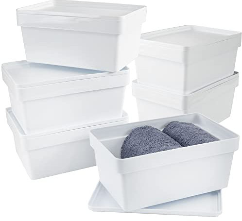 6 x Ordnungsbox mit Deckel - stapelbar - weiß - DINA5 Format - 12 cm hoch - 17x25x12 cm - 3,6 Liter - Ordnungskorb Schubladenorganizer Organizerbox Ordnungssystem Kunststoff Aufbewahrung Schrank Bad