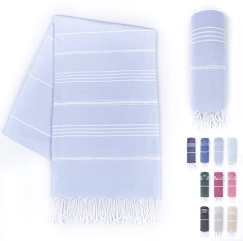 LAYNENBURG Premium hamam-handduk med handknutna fransar – 100% bomull – XXL strandhandduk 100 x 200 cm – Oeko-TEX 100 – stor strandhandduk – bastuhandduk och resehandduk (ljusblå)