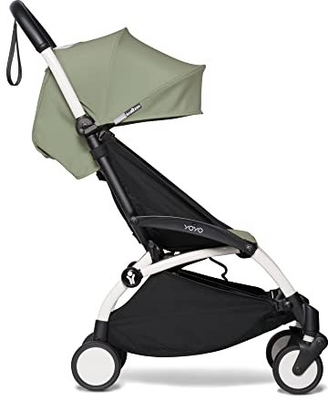Poussette BABYZEN YOYO2 6+ (Cadre blanc + pack couleur Olive) - Comprend un harnais, un dossier, des arceaux de capote, une bandoulière, un coussin d’assise, et une capote assortie