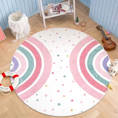 STARUIA Pinker, runder Teppich für Mädchen, 152 cm, Regenbogen-Kinderteppich für Kinderzimmer, bunte, waschbare Teppiche für Schlafzimmer, rutschfeste Kreiszeit-Teppiche, weicher gepunkteter Teppich