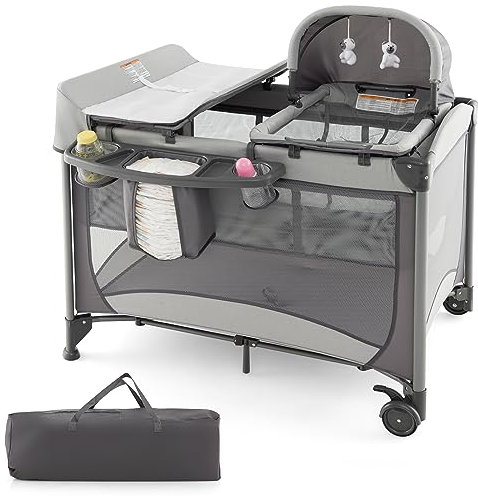 DREAMADE 5 en 1 Lit Parapluie Bébé 110x78x78CM avec Matelas&Berceau Amovible Lit de Voyage Bébé 0-3 Ans avec Porte-Couche,Table à Langer,roulettes avec Freins (Gris)