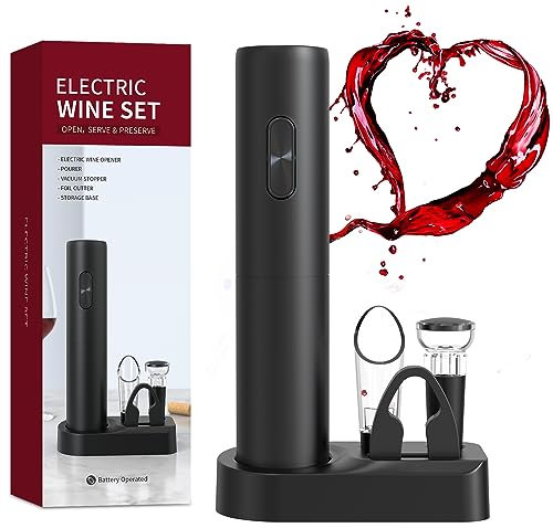 ORIJOYNA Electric Wine Opener Set - Battery Operated Bottle Opener with Pourer, Foil Cutter, Vacuum Stopper, and Storage Base - 5-in-1 Corkscrew Kit for Wine