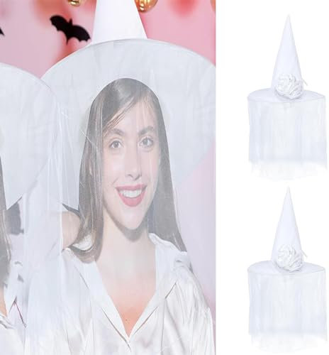 2 STÜCK Halloween Hexenhut Mit Schleier - Weißer Hexenhut - Hexenhut Spitzmütze - Vintage Hexenhut - Ideal Accessoire Für Ihr Hexenkostü, Cosplay, Mottoparty, Karneval, Maskerade Zubehör