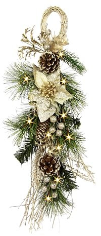 Hängende Tannendeko mit Weihnachtsstern Dekozweige Zapfen LED-Lichterkette Tannengebinde Tannenzweige Hänger Wandhänger Hängende Deko Girlande Wanddekoration Dekoration Weihnachtsdeko Kunstblumen