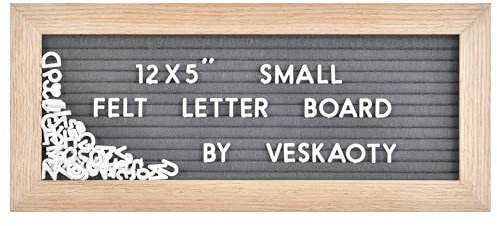 Kleine Filz-Buchstabentafel mit 374 Buchstaben, Zahlen und Symbolen, 30,5 x 12,7 cm, austauschbare Mini-Nachrichtentafel mit Holzrahmen, Wandhalterung, Haken (grau)