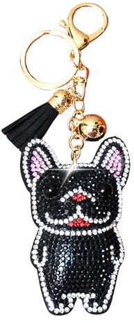 Popfizzy Bling Schlüsselanhänger Zubehör für Frauen, Strass-Schlüsselanhänger, Autoschlüssel, Geschenk, niedlicher Geldbörsen-Anhänger für Handtaschen, Schwarze Französische Bulldogge (Gold), Large