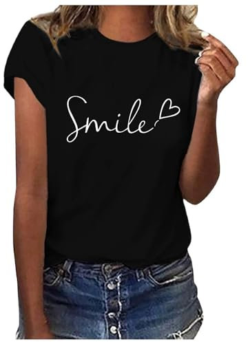 Damen Oberteile - Ausgefallene T-Shirt, Rundhals Sommer Tops mit Aufdruck Mode Shirt Lässig für Leggings Elegant Weiß Shirt Locker Kurzarm Bluse Tops Sportshirt Teenager Mädchen