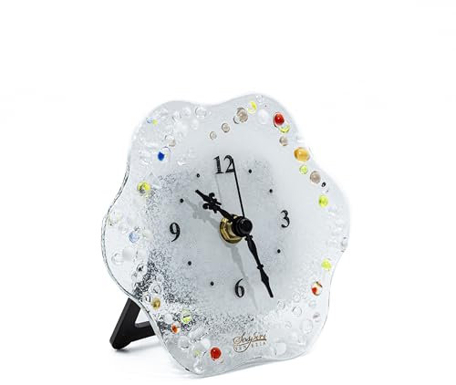 Sospiri Venezia Reloj de Mesa de Cristal de Murano Mecanismo Silencioso Adorno para el Hogar Decorado a Mano - Idea de Regalo para Recuerdos de Ceremonia con Caja Elegante (14x14 cm, Flor)