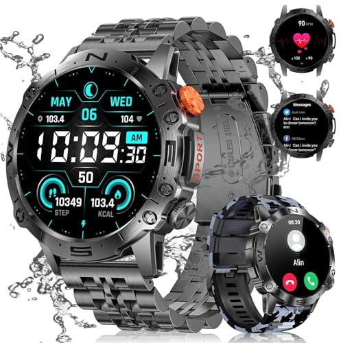 LIGE Smartwatch Herren 1.43 Zoll AMOLED Sportuhren mit Telefonfunktion Kompatibel Android iOS,5ATM Wasserdicht,100+Sport Modi,400mAh,Herzfrequenz/schlafen/Calorie Militär Schwarz Männer Smartwatch