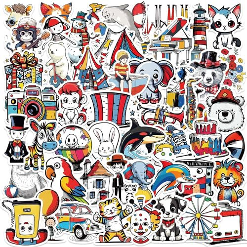 Zirkus Aufkleber 50 Stück Vinyl Cartoon Funny Zirkusmuster Aufkleber für Laptop Skateboard Scrapbook Gepäck Telefon Auto Fahrrad Gitarre,Wasserdicht Cute Tierschau Sticker für Kinder Erwachsene