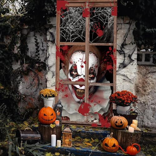 Toile de fond de porte de clown effrayant pour Halloween, décoration de film d'horreur - Affiches photo effrayantes - Bannière de fond pour le réveillon d'Halloween