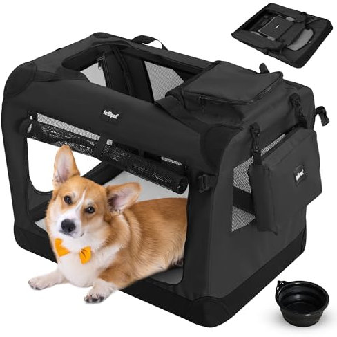 Leopet® Hundebox - Faltbar, Große/Kleine Hunde, Stoff, mit Napf, für Zuhause, Auto - Transportbox, Transporttasche, Tragetasche, Hunde, Katzen, Haustier (Schwarz, M: 60x42x42 cm - LxBxH)
