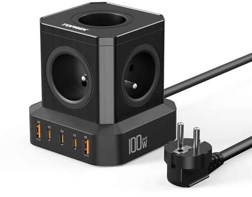 100W PD3.0 Multiprise USB Cube, TOPREK 10 en 1 Cube Rallonge Multiprise avec 5 Prises AC Française(4000W/16A), 100W 5 Ports USB Charge Rapide GaN Tech Multiprise Électrique avec Interrupteur, 2M Câble