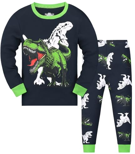 Codkkre Schlafanzug Jungen Kinder Pyjama Junge Dinosaurier Bagger Langarm Baumwolle Winter Weihnachten Nachtwäsche 98 104 110 116 122 128 134