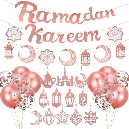 Ramadan Deko, Eid Mubarak Dekoration Set, Ramadan Kareem Banner, Rosegold Luftballons, Mond Stern Laterne Girlande, Rosegold Glitzerndes Anhänger als Eid Festival Party Dekorationen