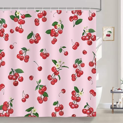Bonhause Rideau de Douche Cerise Fruit Feuilles Vertes Rideau de Bain Tissu Polyester Anti Moisissure Imperméable Lavable Rideaux Salle de Bain 180 x 180 cm avec 12 Crochets Baignoire