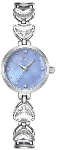 Alienwork Armbanduhr Damen Silber Edelstahl Metallarmband Blau Perlmutt-Zifferblatt Strass-Steinen Ultra-flach