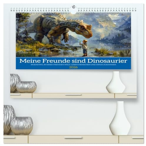 Meine Freunde sind Dinosaurier (hochwertiger Premium Wandkalender 2026 DIN A2 quer), Kunstdruck in Hochglanz: Eine Welt, in der Mensch und Saurier zusammenleben (CALVENDO Tiere)
