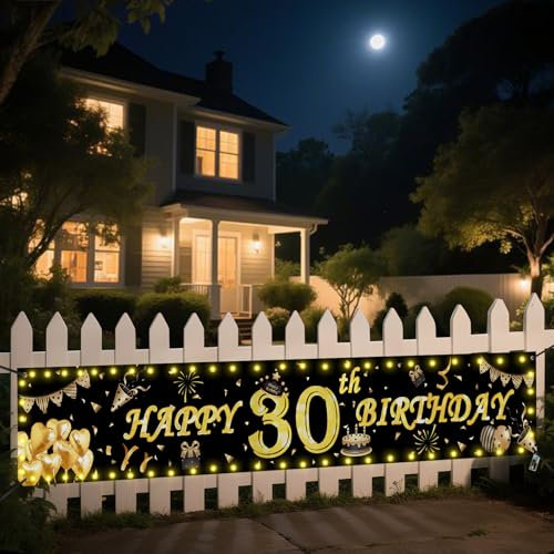Seutgjie Deko 30 Geburtstag Banner mit LED Lichtband für Frauen Männer 40 * 270CM Hintergrund Dekoration Gold Schwarz