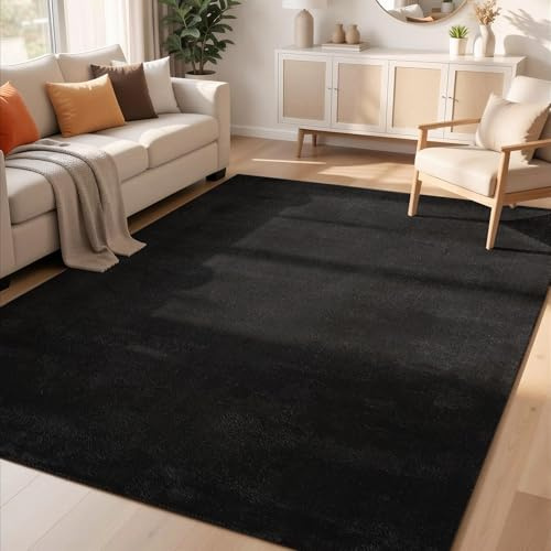 Comfy Washable Plain Non-Slip Living Room Area Rug, Black, 80x120cm